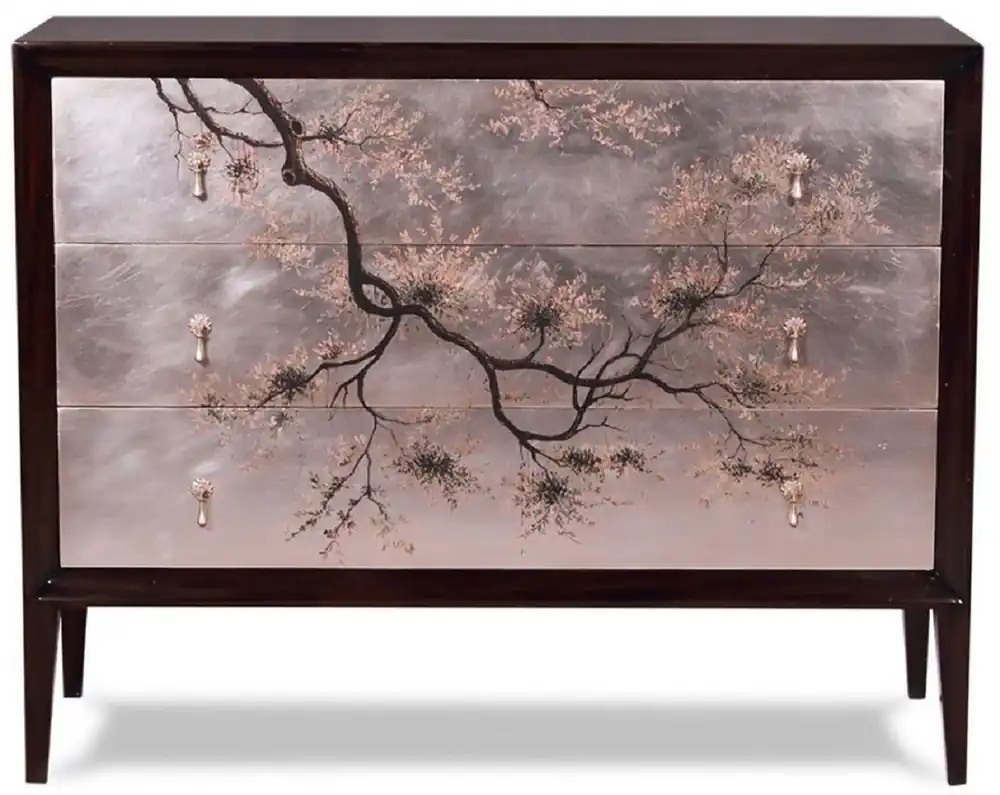 Casa Padrino Luxus Art Deco Kommode Dunkelbraun / Mehrfarbig 120 x 49 x H. 94 cm - Edle Mahagoni Kommode mit 3 Schubladen und elegantem japanischen Design - Luxus Möbel Bestseller