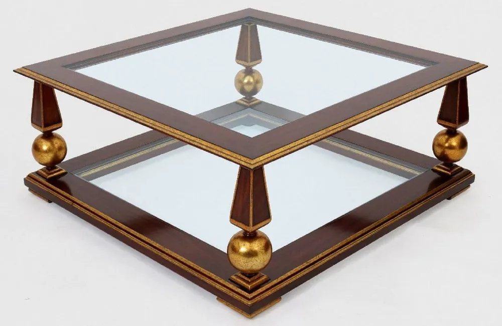 Bestseller Casa Padrino Luxus Barock Couchtisch Dunkelbraun / Antik Gold 113 x 113 x H. 47 cm - Prunkvoller Massivholz Wohnzimmertisch mit Glasplatten - Barock Wohnzimmer Möbel