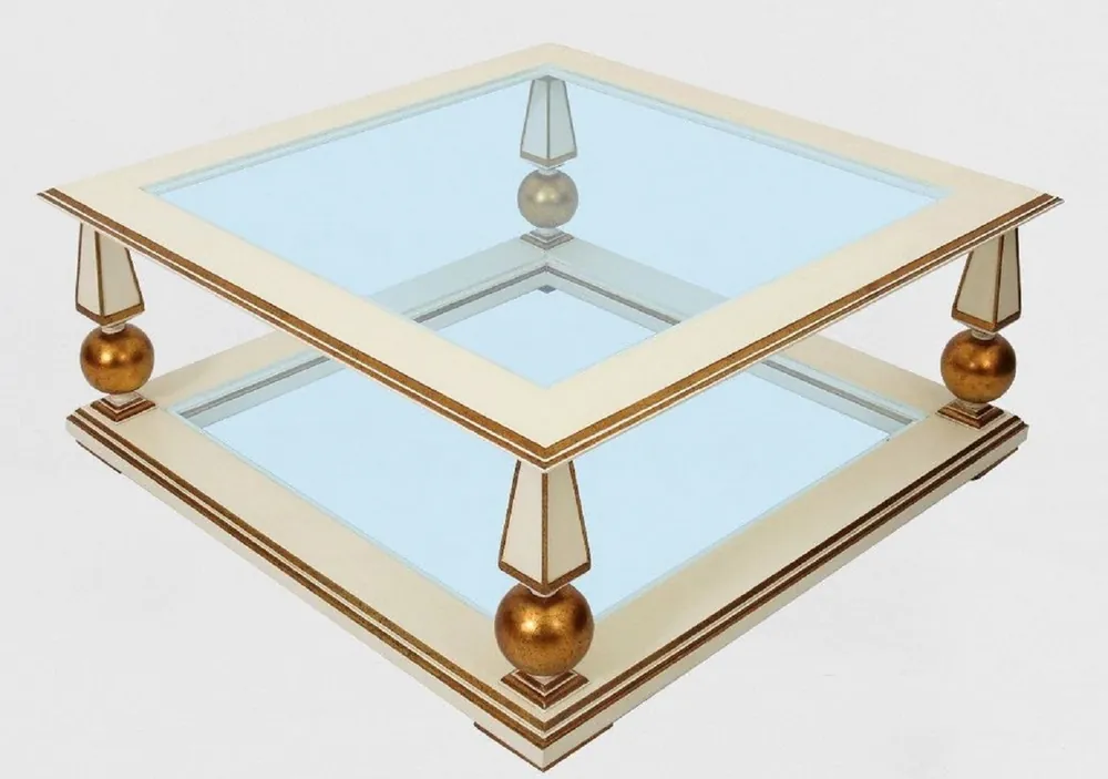 Geprüft Casa Padrino Luxus Barock Couchtisch Weiß / Antik Gold 113 x 113 x H. 47 cm - Prunkvoller Massivholz Wohnzimmertisch mit Glasplatten - Barock Wohnzimmer Möbel