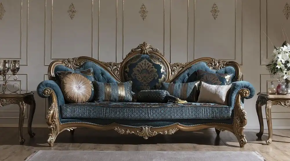 Casa Padrino Luxus Barock Sofa Blau / Gold 260 x 90 x H. 125 cm - Prunkvolles Wohnzimmer Sofa mit elegantem Muster und dekorativen Kissen - Barock Möbel Billig