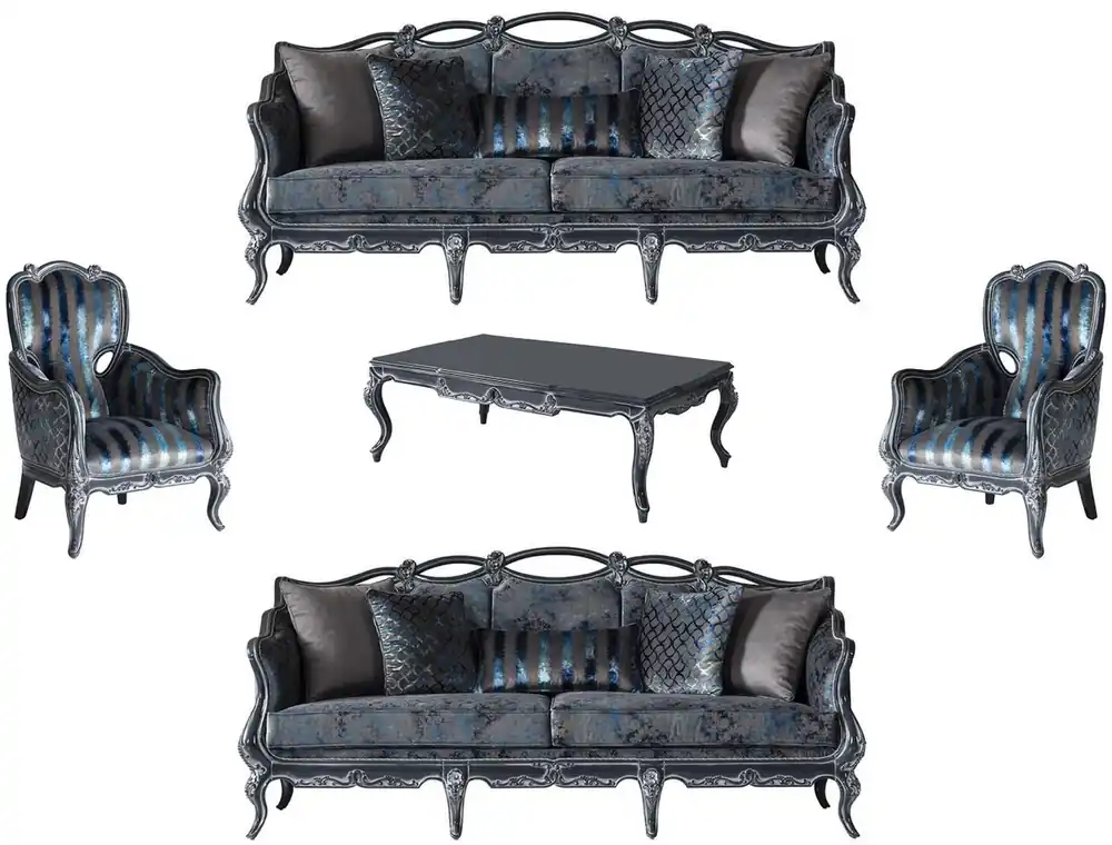 Ausverkauf Casa Padrino Luxus Barock Wohnzimmer Set Grau / Blau / Grau - 2 Sofas & 2 Sessel & 1 Couchtisch - Prunkvolle Wohnzimmer Möbel im Barockstil