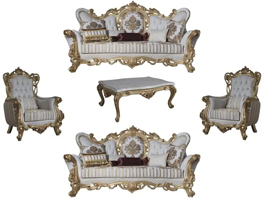 Sonderaktion Casa Padrino Luxus Barock Wohnzimmer Set Weiß / Grau / Gold - 2 Sofas & 2 Sessel & 1 Couchtisch - Barock Wohnzimmer Möbel - Edel & Prunkvoll