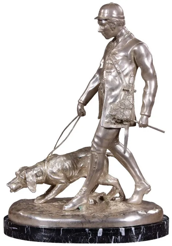 Expressversand Casa Padrino Luxus Bronzefigur Jäger mit Hund Silber / Schwarz 45 x 28 x H. 61 cm - Bronze Skulptur mit Marmorsockel - Schreibtisch Deko - Wohnzimmer Deko - Luxus Qualität