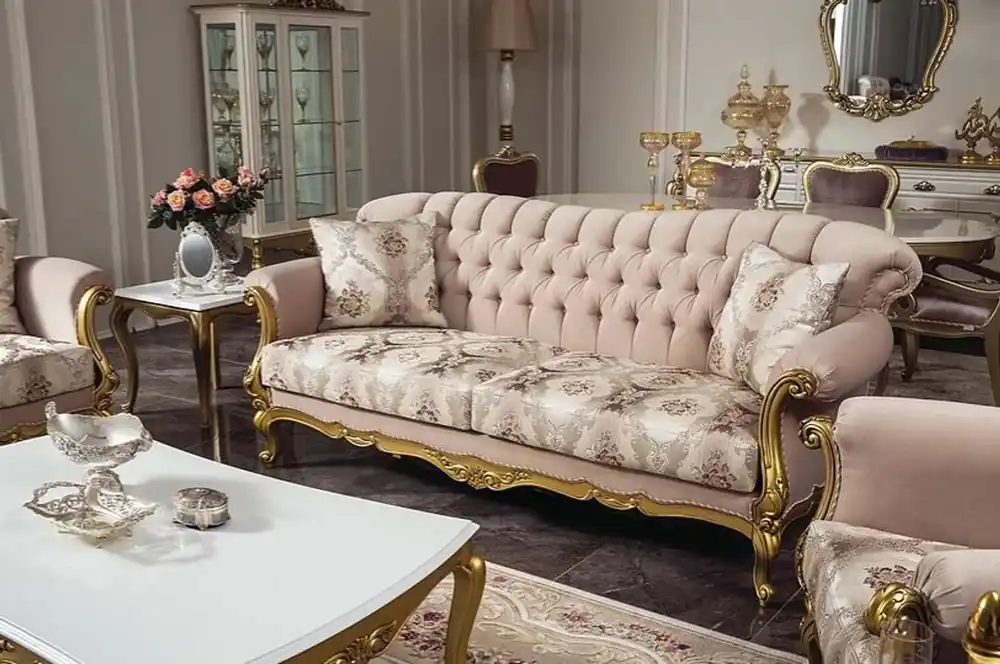 Online Kaufen Casa Padrino Luxus Barock Wohnzimmer Sofa Rosa / Gold 220 x 82 x H. 95 cm - Massivholz Sofa mit elegantem Muster und dekorativen Kissen - Wohnzimmer Möbel im Barockstil