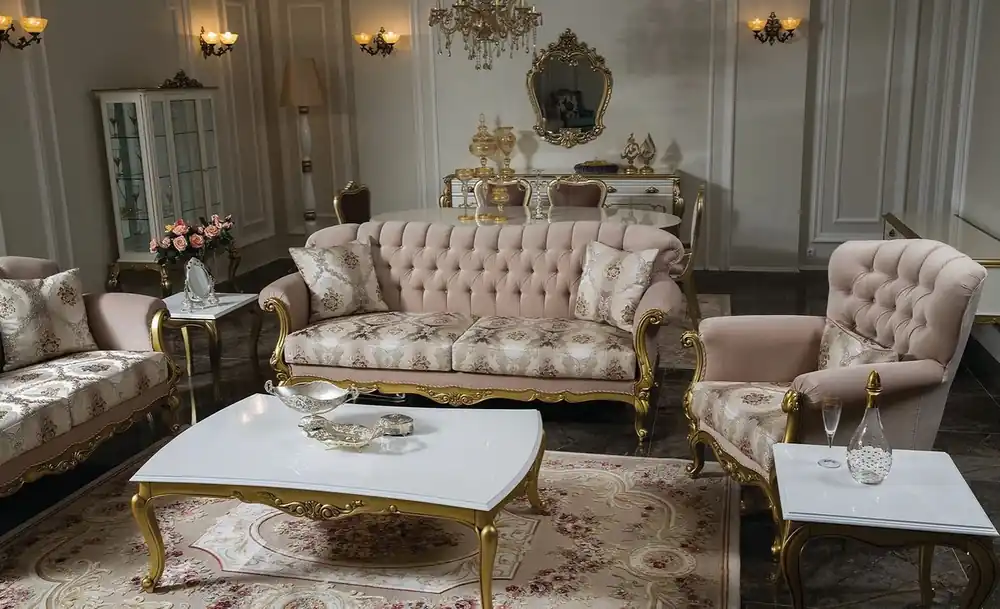 Casa Padrino Luxus Barock Wohnzimmer Set Rosa / Weiß / Gold - 2 Sofas & 2 Sessel & 1 Couchtisch & 2 Beistelltische - Wohnzimmer Möbel im Barockstil - Edel & Prunkvoll Sale