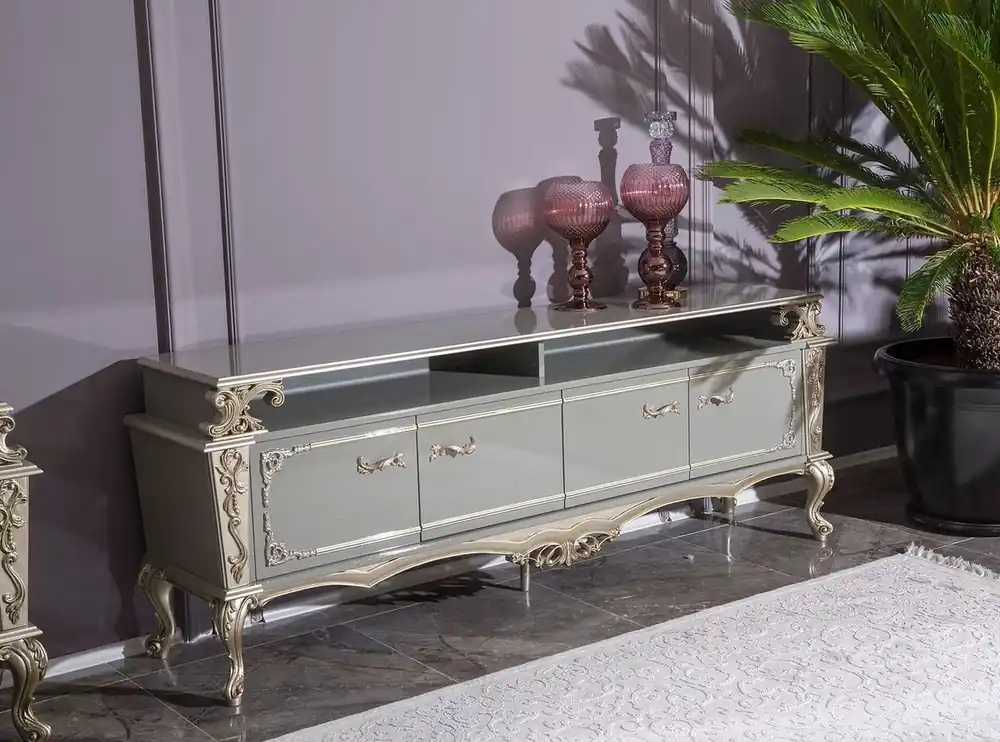 Casa Padrino Luxus Barock TV Schrank Grau / Silber 205 x 48 x H. 77 cm - Prunkvoller Massivholz Fernsehschrank - Barock Wohnzimmer Möbel Neuheit