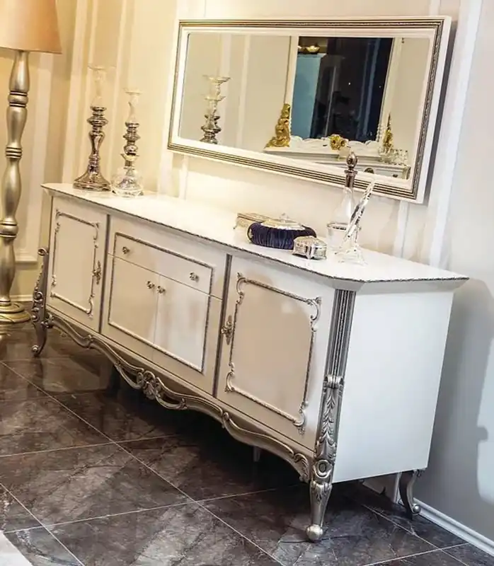 Preisknaller Casa Padrino Luxus Barock Möbel Set Sideboard mit Spiegel Weiß / Silber - Massivholz Schrank mit elegantem Wandspiegel - Edel & Prunkvoll