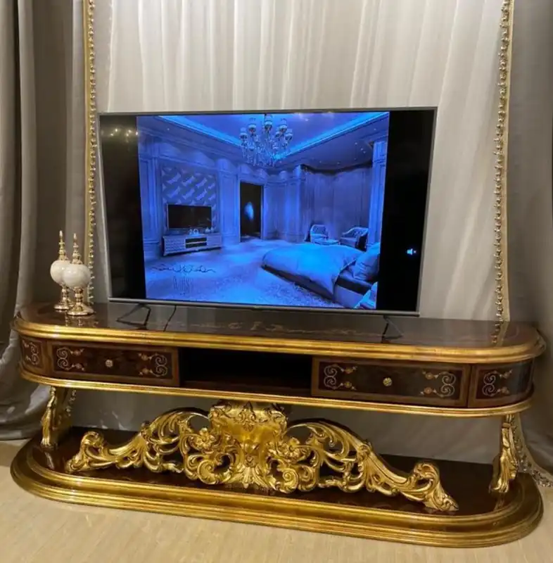 Wochenendangebot Casa Padrino Luxus Barock TV Schrank Braun / Antik Gold 220 x 50 x H. 70 cm - Prunkvoller Massivholz Fernsehschrank - Barock Wohnzimmer Möbel