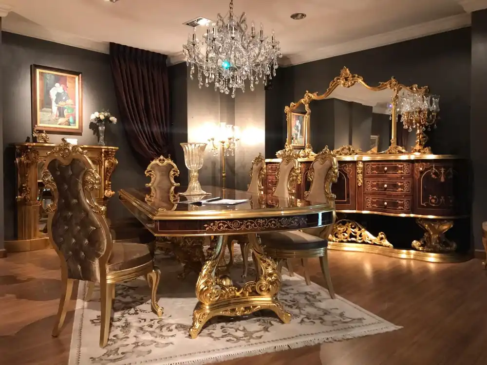 Casa Padrino Luxus Barock Esszimmer Set Braun / Antik Gold - 1 Esstisch & 8 Esszimmerstühle - Esszimmer Möbel im Barockstil - Edel & Prunkvoll Sichere Zahlung