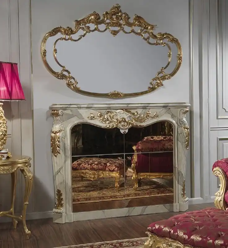 Casa Padrino Luxus Barock Möbel Set Kamin Barschrank mit Wandspiegel Grau / Gold - Verspiegelte Kunstmarmor Kamin Bar mit Spiegel - Hotel Restaurant Schloss Möbel - Luxus Qualität - Made in Italy Ausverkauf