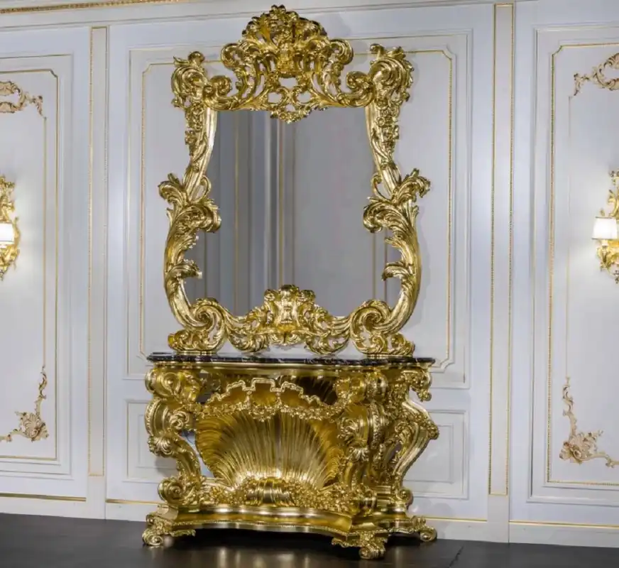 Versand Am Gleichen Tag Casa Padrino Luxus Barock Möbel Set Konsole mit Spiegel Gold / Schwarz - Prunkvoller handgeschnitzter Konsolentisch mit Wandspiegel - Hotel Restaurant Schloss Möbel - Luxus Qualität - Made in Italy