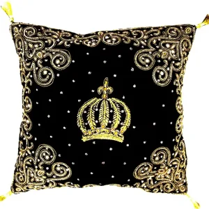 Harald Glööckler Luxus Barock Deko Kissen Pompöös by Casa Padrino Schwarz / Gold Krone aufwendig verziert mit Pailletten und Glitzersteinen Echt