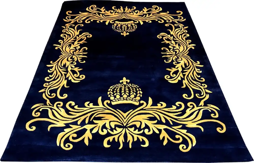 Nur Für Kurze Zeit Pompöös by Casa Padrino Luxus Teppich von Harald Glööckler - ALLE GRÖßEN - Krone Royalblau / Gold - Barock Design Teppich - Handgewebt aus Wolle