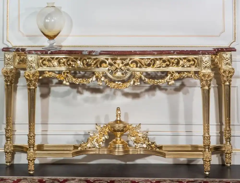 Casa Padrino Luxus Barock Konsole Gold / Rot 200 x 48 x H. 93 cm - Prunkvoller handgeschnitzter Konsolentisch mit Marmorplatte - Hotel Restaurant Schloss Möbel - Luxus Qualität - Made in Italy Jetzt Kaufen