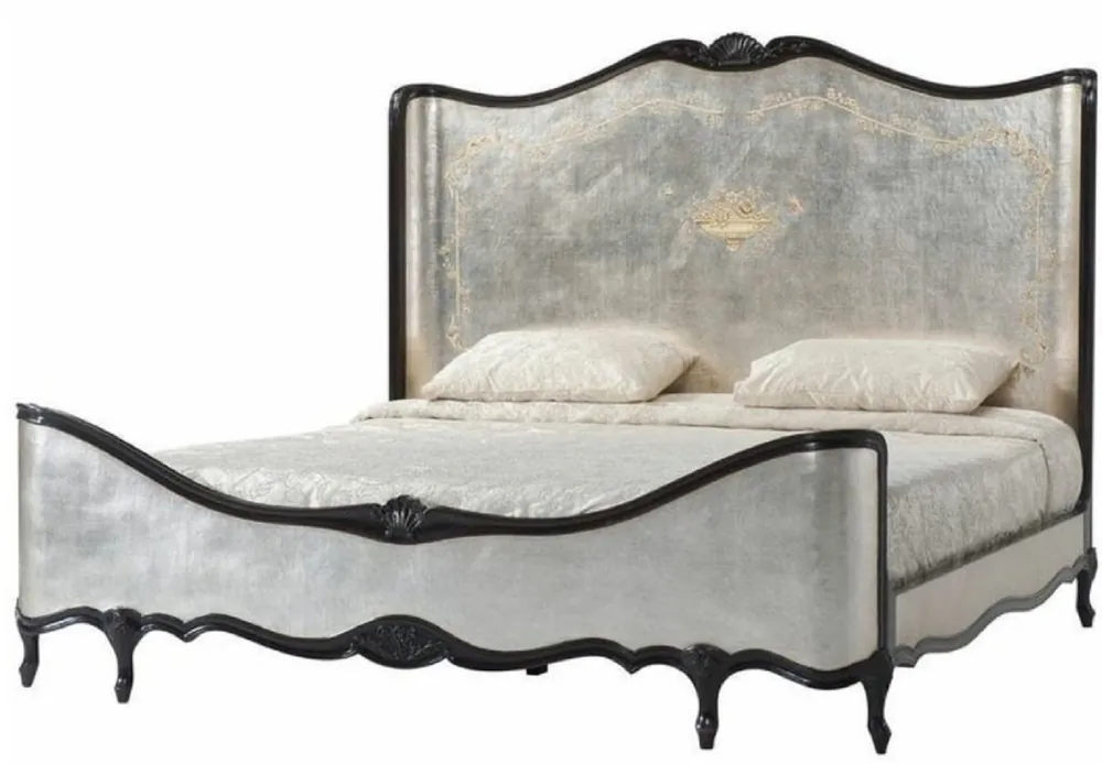 Neue Ware Casa Padrino Luxus Barock Doppelbett Antik Silber / Schwarz - Prunkvolles Massivholz Bett mit Kopfteil - Barock Schlafzimmer Möbel