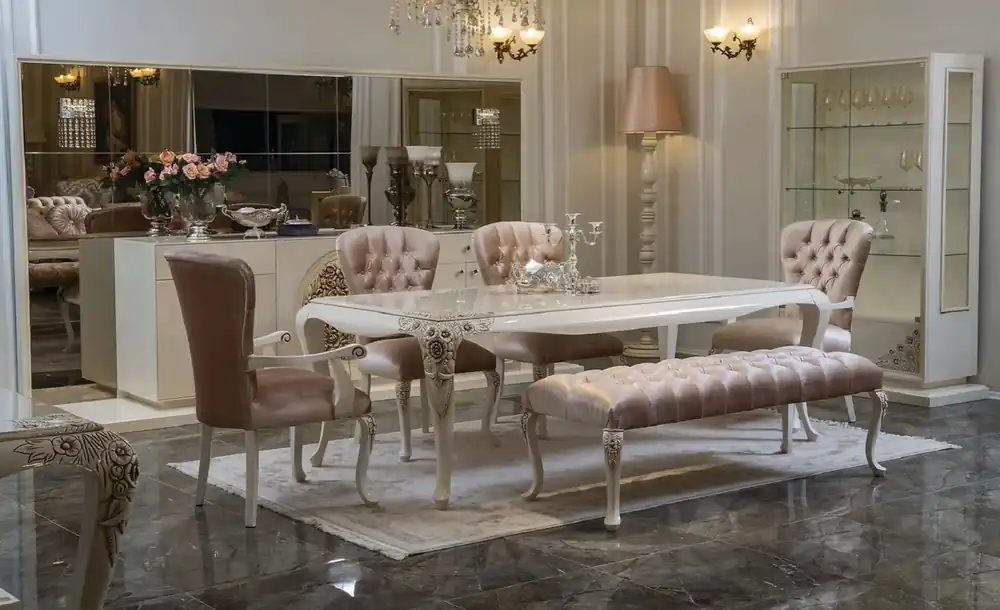 Casa Padrino Luxus Barock Esszimmer Set Rosa / Weiß / Beige - 1 Esszimmertisch & 4 Esszimmerstühle & 1 Sitzbank - Barock Esszimmer Möbel Heißes Angebot