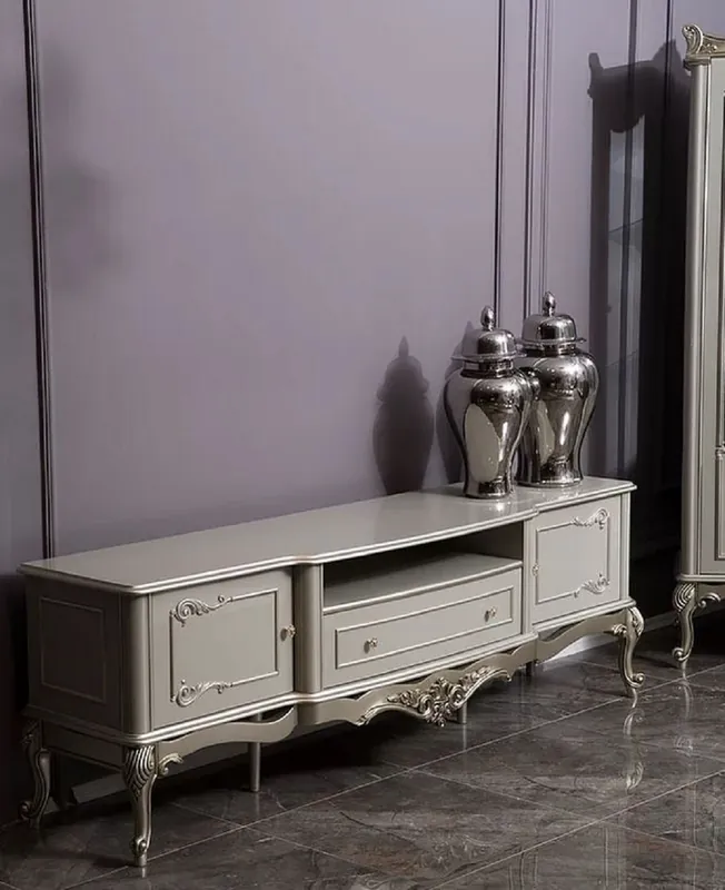 Casa Padrino Luxus Barock TV Schrank Grau / Silber 191 x 44 x H. 63 cm - Prunkvoller Massivholz Fernsehschrank - Barock Wohnzimmer Möbel Online Kaufen