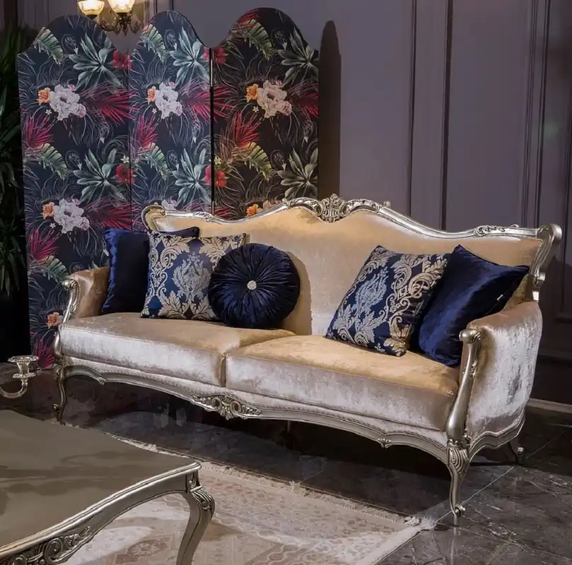 Casa Padrino Luxus Barock Wohnzimmer Sofa mit dekorativen Kissen Rosa / Silber 212 x 84 x H. 107 cm - Prunkvolle Barock Möbel Must-Have