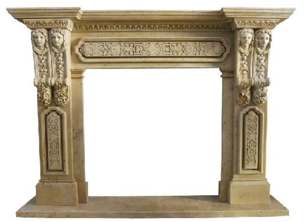 Direkt Vom Hersteller Casa Padrino Luxus Barock Kaminumrandung Gelb 200 x 38 x H. 150 cm - Handgefertigte Kaminumrandung aus hochwertigem Marmor - Kamin Deko Accessoires - Marmor Möbel im Barockstil