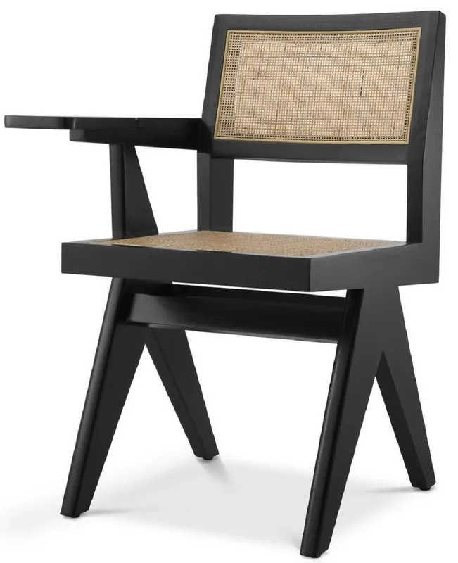 Casa Padrino Luxus Bürostuhl Schwarz / Naturfarben 44 x 54 x H. 85,5 cm - Massivholz Stuhl mit Rattangeflecht und Ablagefläche - Luxus Büro Möbel Wochenendangebot
