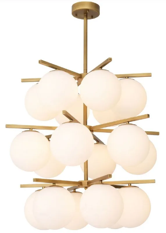 Casa Padrino Luxus Kronleuchter Antik Messingfarben / Weiß Ø 68 x H. 80 cm - Moderner Metall Kronleuchter mit runden Glas Lampenschirmen - Luxus Kollektion Neu