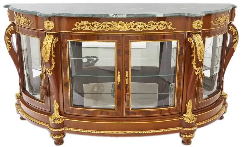 Casa Padrino Barock Massivholz Sideboard mit 4 Glastüren und Marmorplatte Braun / Gold / Grün 175 x 50 x H. 95 cm - Vitrine - Schrank - Prunkvolle Barock Möbel Angebot