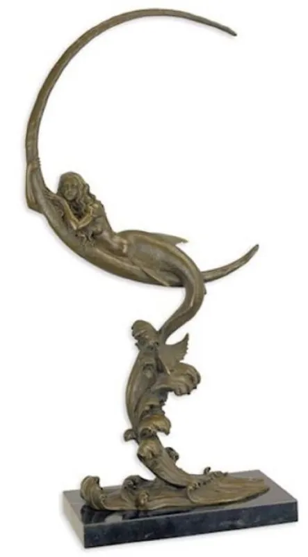 Sofort Bestellen Casa Padrino Luxus Bronzefigur Halbmond & Meerjungfrau Bronzefarben / Schwarz 32,7 x 14 x H. 65 cm - Elegante Bronze Skulptur mit Marmorsockel - Deko Accessoires