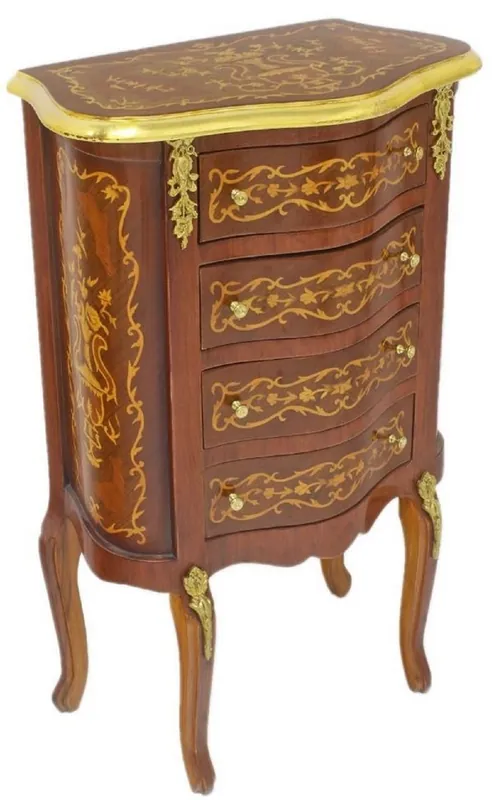 Casa Padrino Barock Kommode Dunkelbraun / Gold 50 x 30 x H. 80 cm - Handgefertigte Massivholz Antik Stil Kommode mit 4 Schubladen - Barock Möbel Preisknaller
