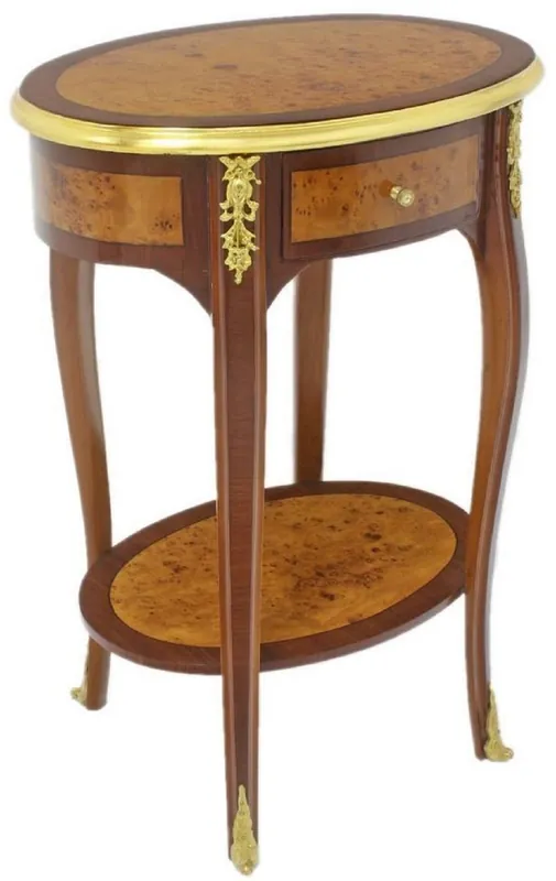 Preisknaller Casa Padrino Barock Beistelltisch Dunkelbraun / Hellbraun / Gold 50 x 35 x H. 75 cm - Ovaler Massivholz Tisch mit Schublade - Barock Wohnzimmer Möbel