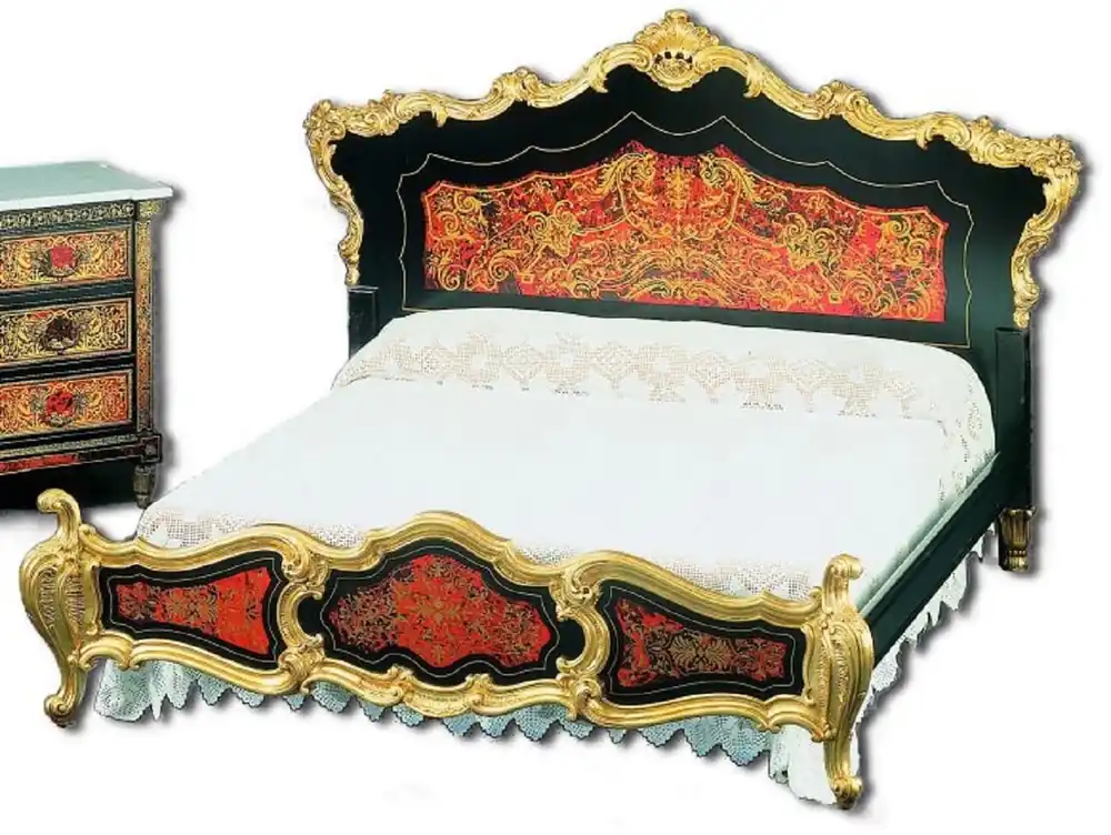 Casa Padrino Luxus Barock Boulle Doppelbett Schwarz / Rot / Gold 225 x 230 x H. 150 cm - Prunkvolles Massivholz Bett mit Kopfteil - Edle Barock Schlafzimmer Möbel Direkt Vom Hersteller