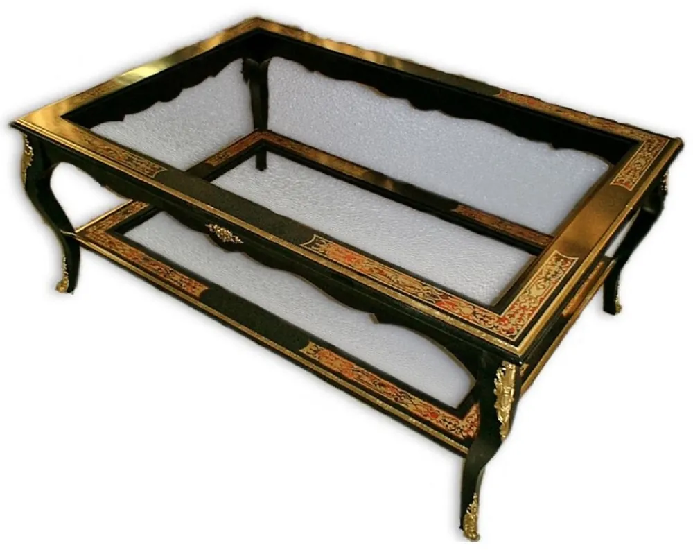 Neu Casa Padrino Luxus Barock Boulle Couchtisch Schwarz / Rot / Gold 120 x 70 x H. 45 cm - Handgefertigter Massivholz Wohnzimmertisch mit Glasplatten - Edle Barock Möbel