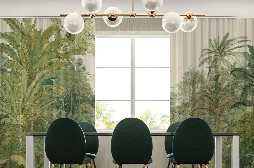 Casa Padrino Luxus Vorhang Set Palmen Landschaft Creme / Grün 250 x H. 290 cm - Bedruckte Leinen & Samt Vorhänge - Ösenvorhänge - Schiebevorhänge - Luxus Deko Accessoires Direkt Vom Hersteller