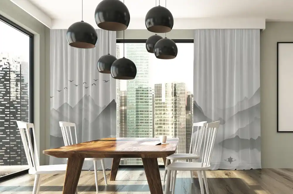 Casa Padrino Luxus Vorhang Set Gebirge mit See Grau 250 x H. 290 cm - Bedruckte Leinen & Samt Vorhänge - Ösenvorhänge - Schiebevorhänge - Edle Wohnzimmer Schlafzimmer Vorhänge Direkt Vom Hersteller