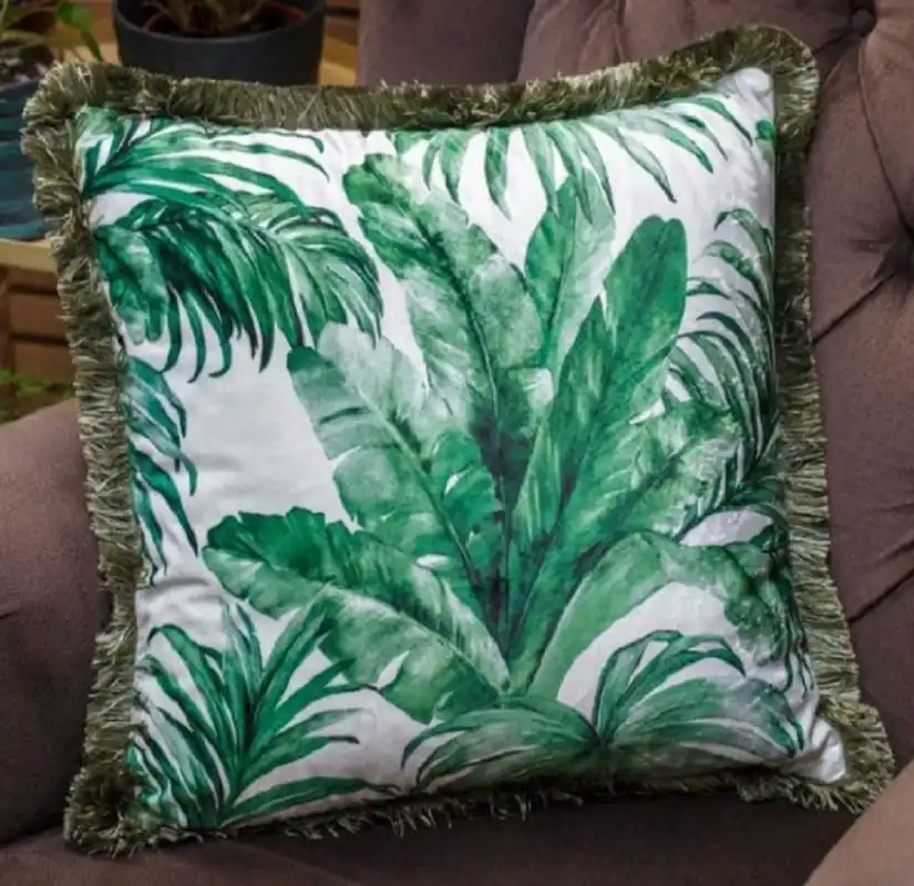 Super-Preis Casa Padrino Luxus Deko Kissen Palmenblätter Design Weiß / Grün 45 x 45 cm - Bedrucktes Samt Kissen mit Fransen - Wohnzimmer Deko