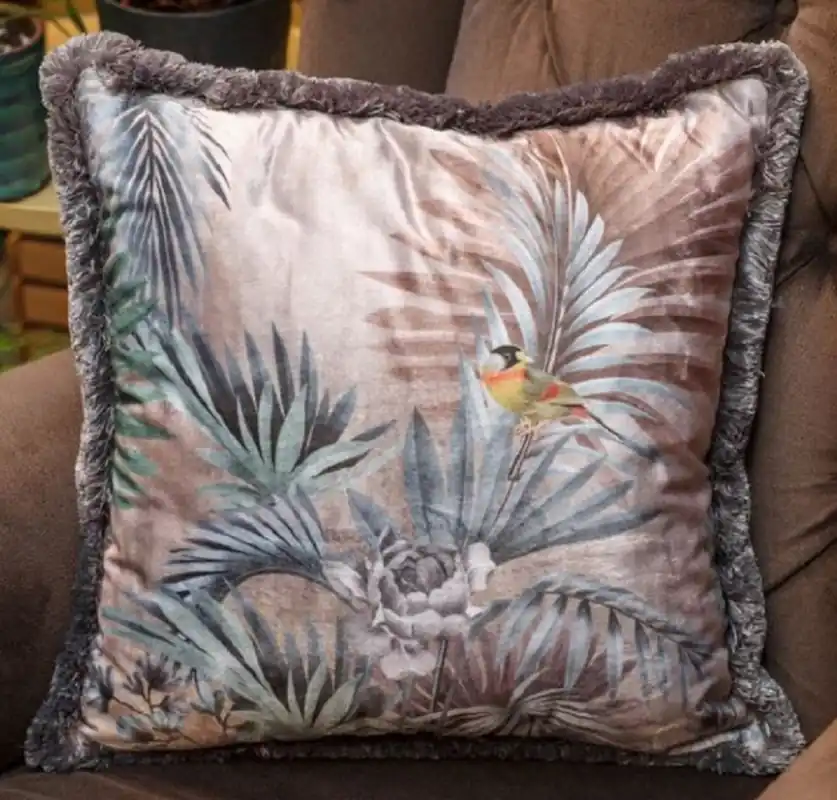 Direktkauf Casa Padrino Luxus Deko Kissen Pflanzen & Vögel Mehrfarbig 45 x 45 cm - Bedrucktes Samt Kissen mit Fransen - Luxus Kollektion
