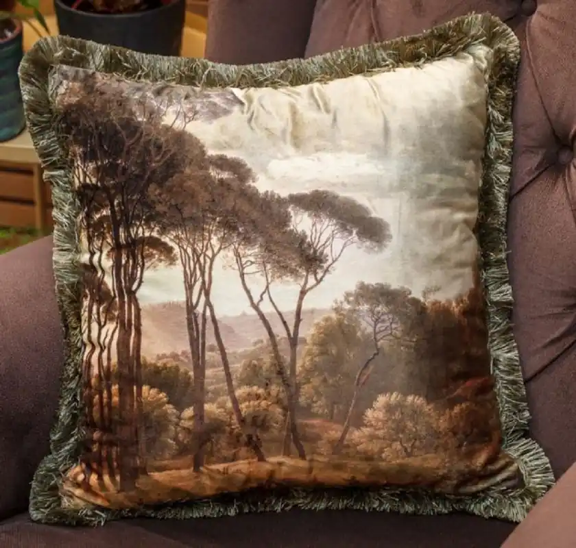 Bestseller Casa Padrino Luxus Deko Kissen Landschaft Mehrfarbig / Grün 45 x 45 cm - Bedrucktes Samt Kissen mit Fransen - Luxus Kollektion
