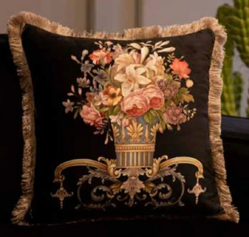 Rabatt Casa Padrino Luxus Barock Samt Kissen Vase mit Blumen Schwarz / Mehrfarbig / Braun 45 x 45 cm - Bedrucktes Deko Kissen mit Fransen - Barock Deko Accessoires