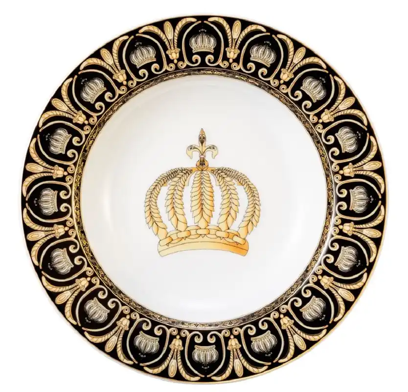 Sonderaktion Harald Glööckler Pompöös Suppenteller mit Krone Weiß / Schwarz / Gold Ø 22,3 x H. 3,7 cm - Runder Porzellan Teller - designed by Harald Glööckler