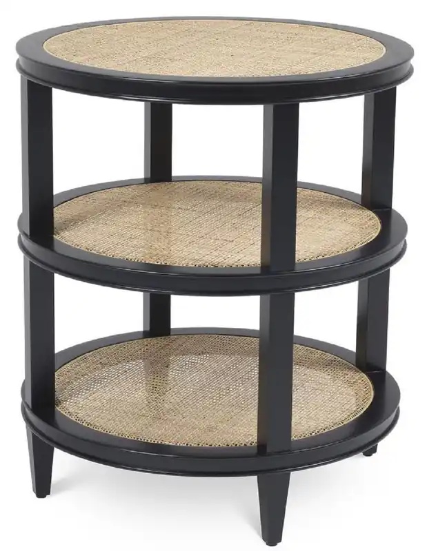 Casa Padrino Luxus Beistelltisch Schwarz / Naturfarben Ø 55 x H. 64 cm - Runder Massivholz Tisch mit Rattangeflecht - Wohnzimmer Möbel - Luxus Kollektion Ausverkauf