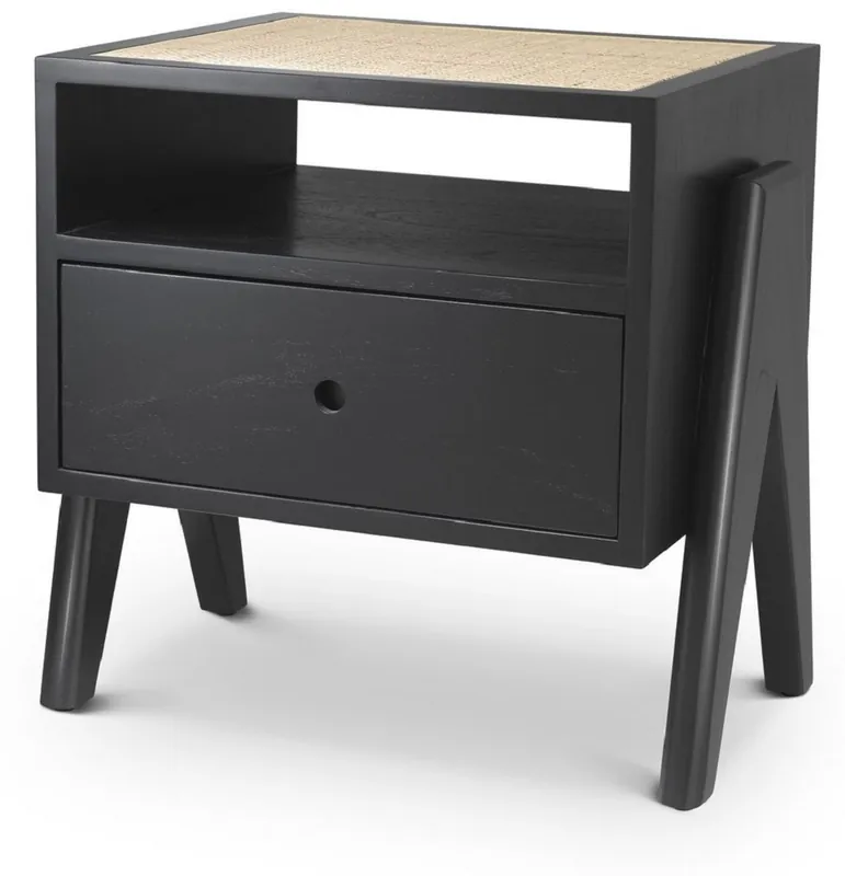Casa Padrino Luxus Nachttisch Schwarz / Naturfarben 58 x 45 x H. 55,5 cm - Massivholz Beistelltisch mit Rattangeflecht - Luxus Schlafzimmer Möbel Beliebt