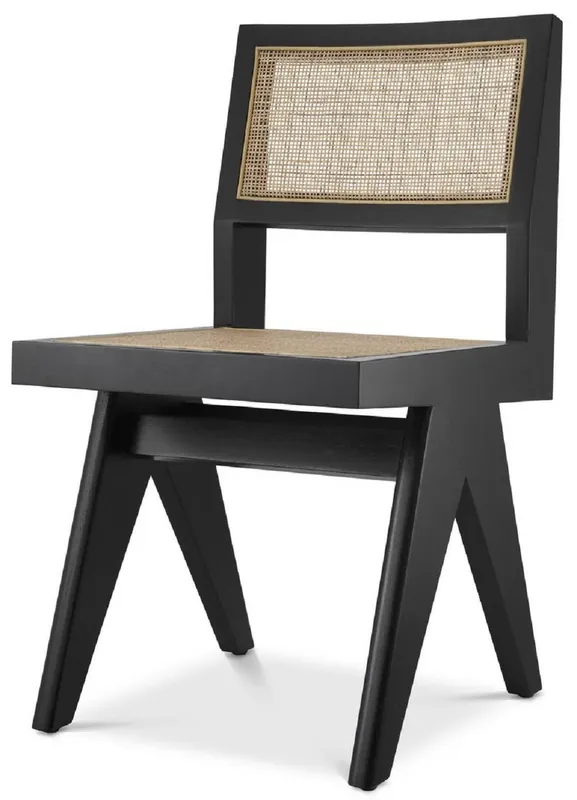 Casa Padrino Luxus Esszimmerstuhl Schwarz / Naturfarben 44 x 54 x H. 85,5 cm - Massivholz Stuhl mit Rattangeflecht - Luxus Esszimmer Möbel Abverkauf