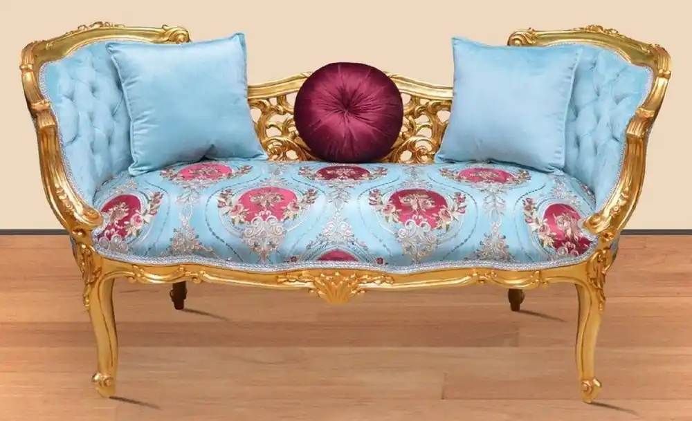Nur Für Kurze Zeit Casa Padrino Barock Sitzbank Hellblau / Mehrfarbig / Gold 150 x 55 x H. 80 cm - Prunkvolle Massivholz Bank mit edlem Blumenmuster - Barock Möbel