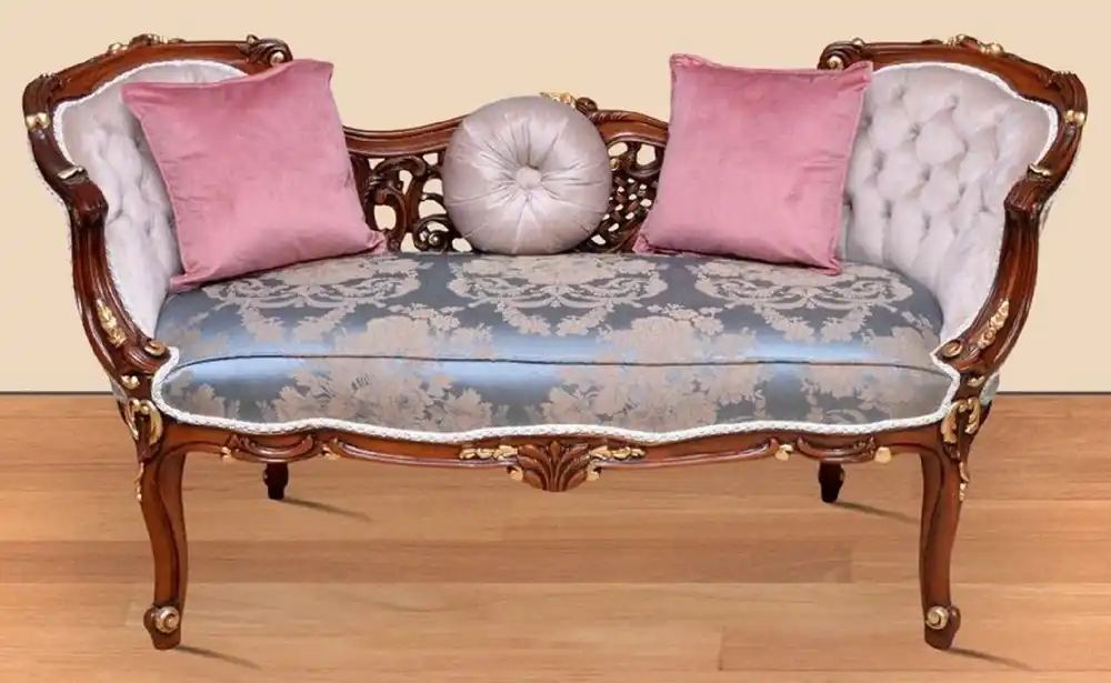 Saisonangebot Casa Padrino Barock Sitzbank Blau / Beige / Braun / Gold 150 x 55 x H. 80 cm - Prunkvolle Massivholz Bank mit edlem Blumenmuster - Möbel im Barockstil