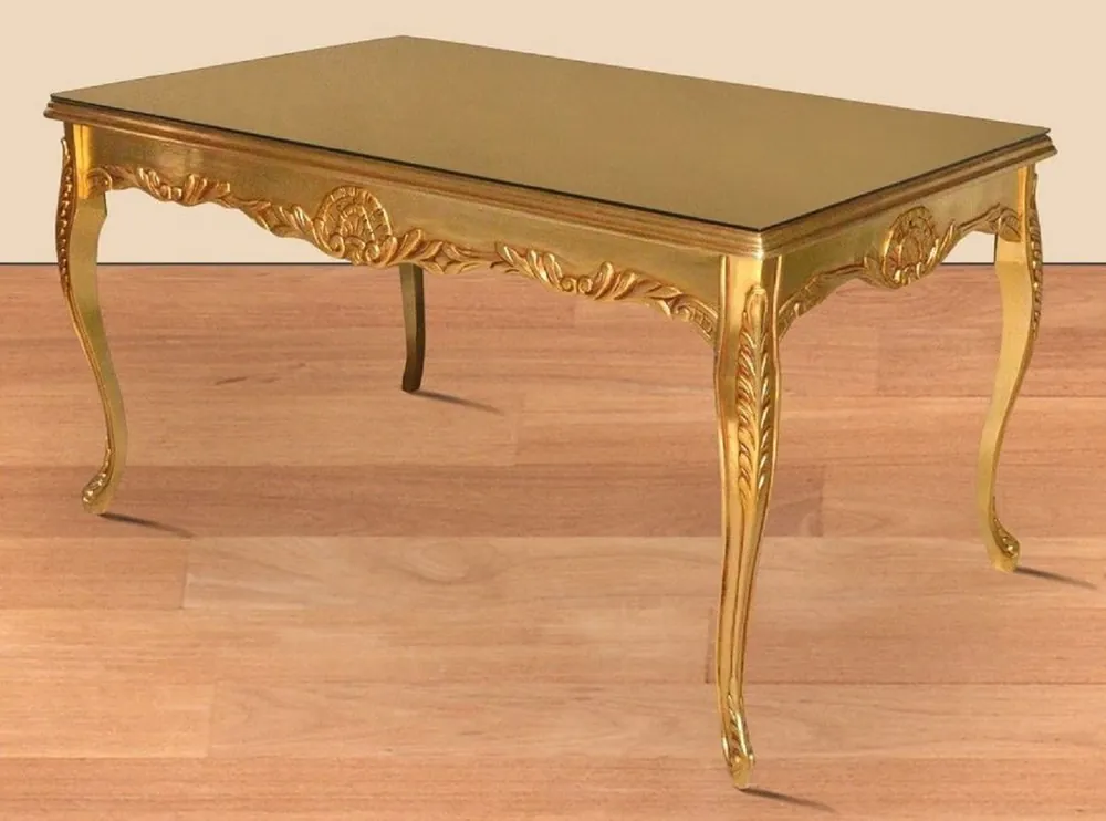 Casa Padrino Barock Esstisch Gold 200 x 100 x H. 90 cm - Massivholz Küchentisch mit Glasplatte - Barock Esszimmer Möbel Rabatt
