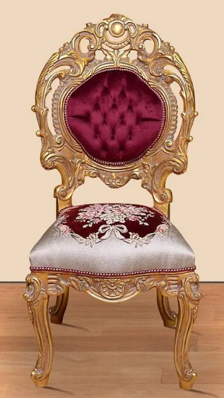 Casa Padrino Barock Esszimmerstuhl Bordeauxrot / Silber / Gold 60 x 50 x H. 120 cm - Prunkvoller Massivholz Küchenstuhl mit edlem Muster - Barock Esszimmer Möbel Angebot