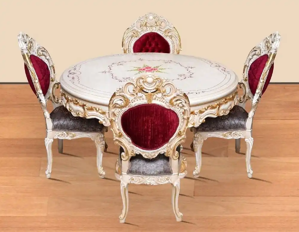 Casa Padrino Barock Esszimmer Set Bordeauxrot / Grau / Weiß / Gold - 1 runder Esstisch & 4 Esszimmerstühle - Prunkvolle Esszimmer Möbel im Barockstil Sichere Zahlung