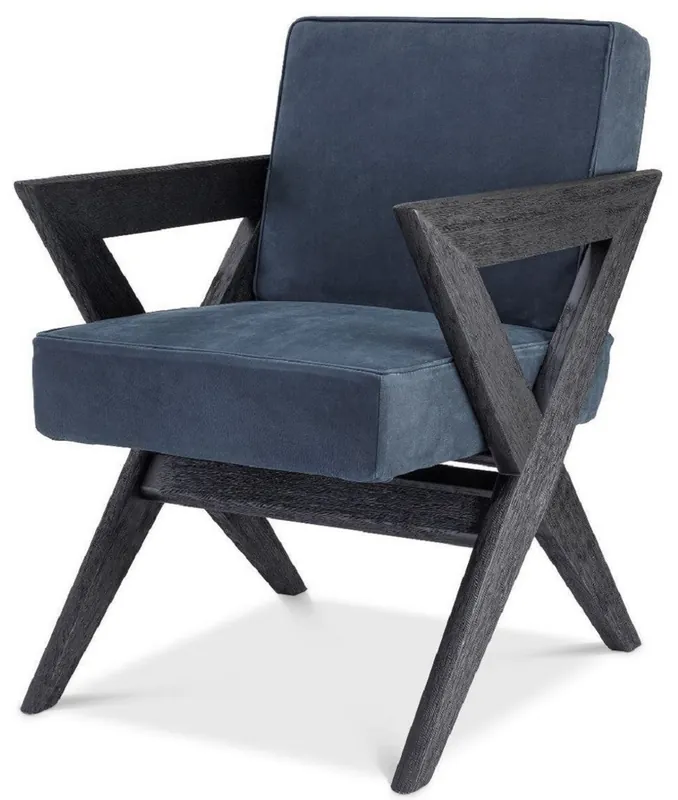 Top-Preis Casa Padrino Luxus Echtleder Esszimmerstuhl mit Armlehnen Blau / Schwarz 59 x 74 x H. 88 cm - Küchenstuhl mit edlem Nubuk Büffelleder - Luxus Esszimmer Möbel