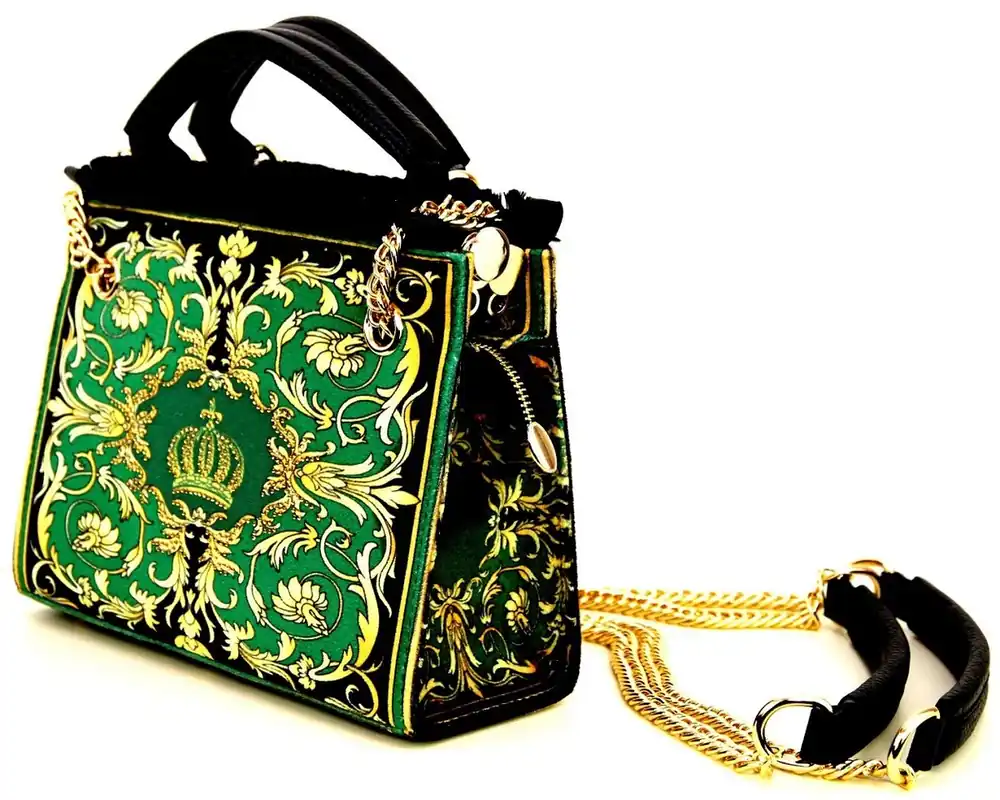 Pompöös by Casa Padrino Luxus Damen Handtasche Baroque Flowers mit Krone und Strass Steine Grün / Schwarz / Gold 25 x H. 20 cm - designed by Harald Glööckler Preiswert