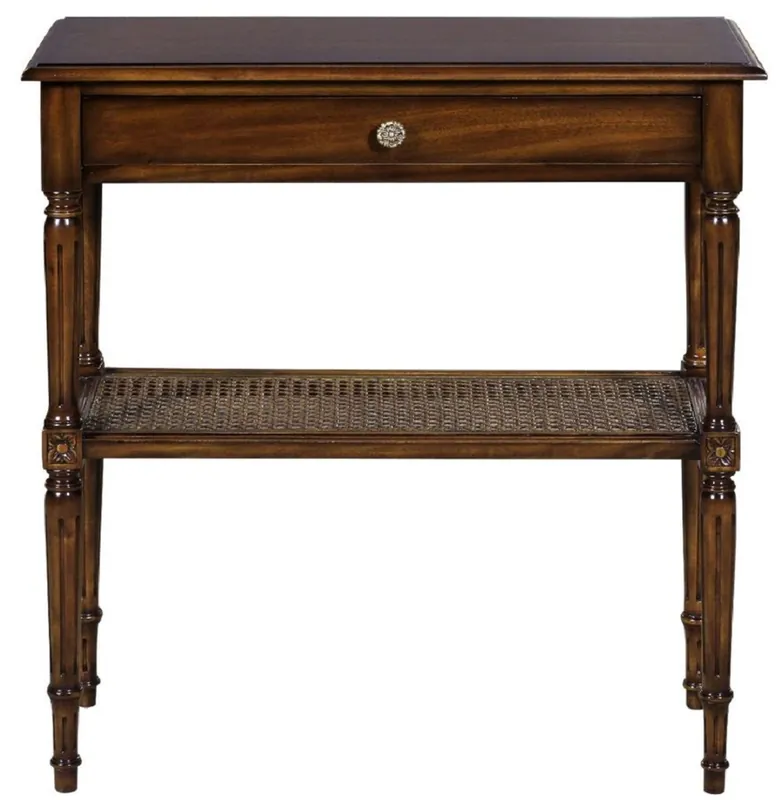 Echt Casa Padrino Luxus Jugendstil Nachtkommode Braun 71 x 28 x H. 76 cm - Eleganter Massivholz Nachttisch - Beistelltisch mit Schublade und Rattan Regal - Schlafzimmer Möbel