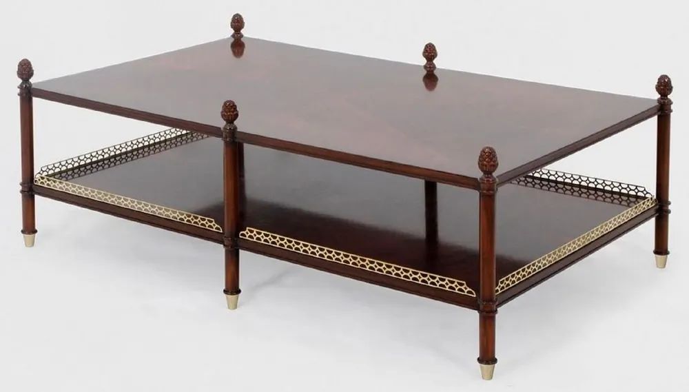 Casa Padrino Luxus Jugendstil Couchtisch Braun / Gold / Messingfarben 129 x 81 x H. 48 cm - Edler Mahagoni Wohnzimmertisch - Wohnzimmer Möbel - Luxus Qualität Neue Ware